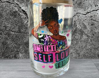 Es ist Self Love For Me 16 Unzen libbey Glas mit blinged Deckel und Strohhalm.