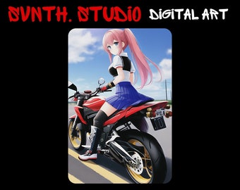 Anime Biker Girl Motorcycle Art Print | Ride Fast Bikes Anime Woman, Seductive Rider, Dark Feminine Energy, Digital Print,Printable Wall Art