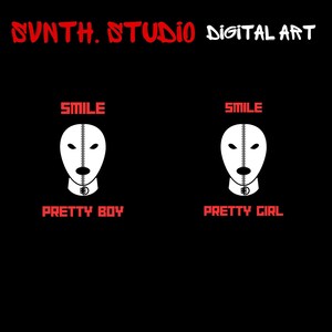 Könnte beinhalten: Zwei weiße Masken mit schwarzen Augen und einem schwarzen Mund, jede mit einem schwarzen Kragen und dem Wort "SMILE" darüber. Die Maske links hat den Text "PRETTY BOY" darunter, und die Maske rechts hat den Text "PRETTY GIRL" darunter.