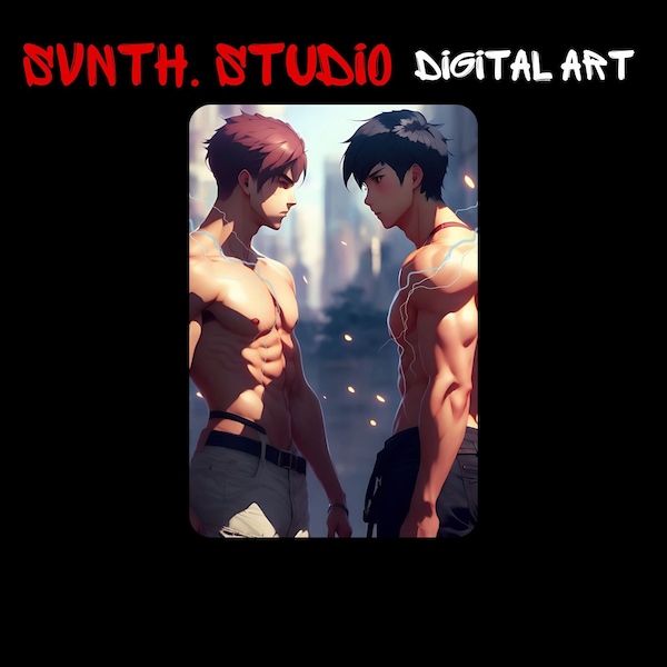 Gay Anime Digital Art | Gay Comic Illustration, Lightning Bolt Art, Gay Erotica Art, Chaotic Gay Cartoon Drawing, high resolution, gay angst