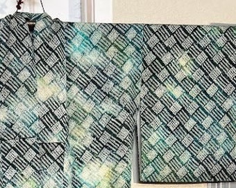 pre-1970s Silk Yukata Kimono - Teal Blue and Green Shibori