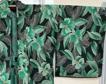 pre-1970s Cotton Yukata Kimono - Jungle Green Floral Embroidered
