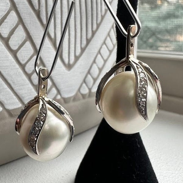 Freshwater Pearl and Diamond Earring Dangles in Sterling Silver