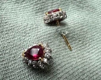 Garnet and Diamond Cluster Earrings Set in 14K Gold and White Gold