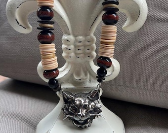 Vintage Cat Choker with Chunky Wood and Metal Beads