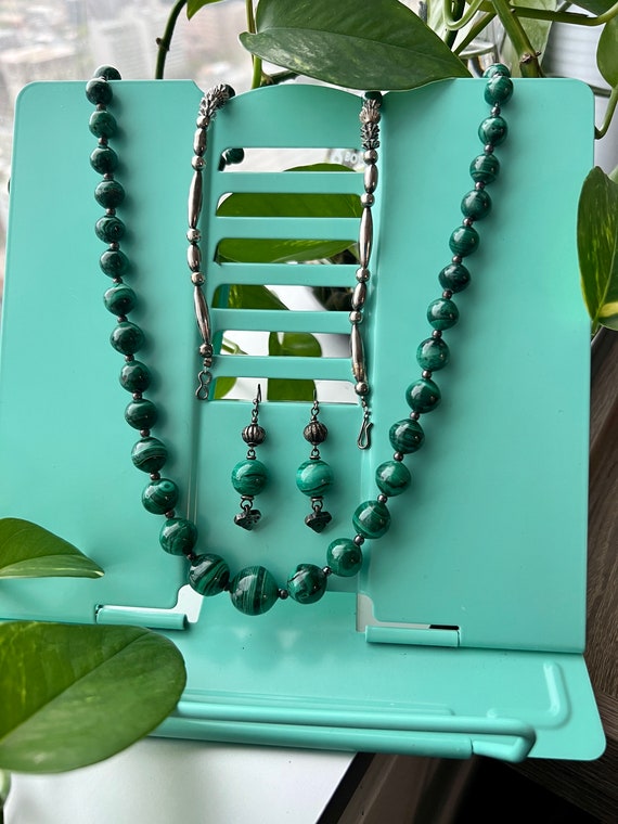 Natural Malachite Bead Necklace and Earrings Set