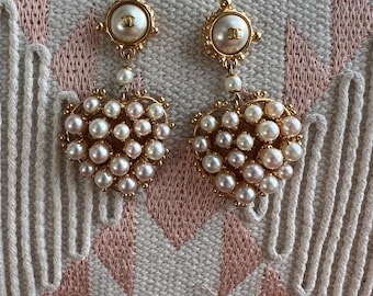 Vintage Chanel 02P Coco Gold Heart Drop Earrings in Gold and Pearl with CC Logo