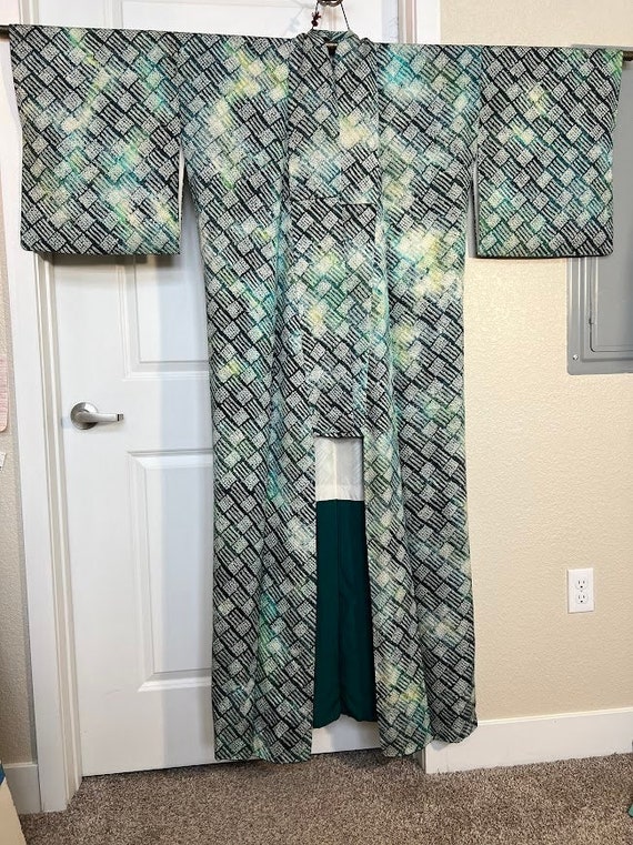pre-1970s Silk Yukata Kimono - Teal Blue and Green