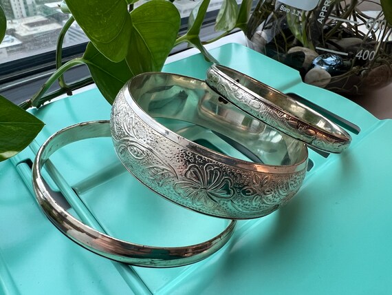 Vintage Silver Floral Stamped Bangles - image 1
