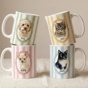Personalized Pet Keepsake Ceramic Coffee Mug Custom Animal Portrait Cup Morning Ritual Essential Vintage Style Design Colorful Frame Options Cat Illustration Feature Dog Drawing Option Dishwasher Safe Cup Microwave Friendly Drinkware