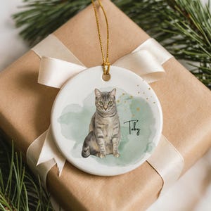 May include: A round ceramic ornament featuring a watercolor illustration of a gray tabby cat. The cat is sitting on a green and white background with gold star accents. The name "Toby" is written in black script. The ornament hangs from a gold string.