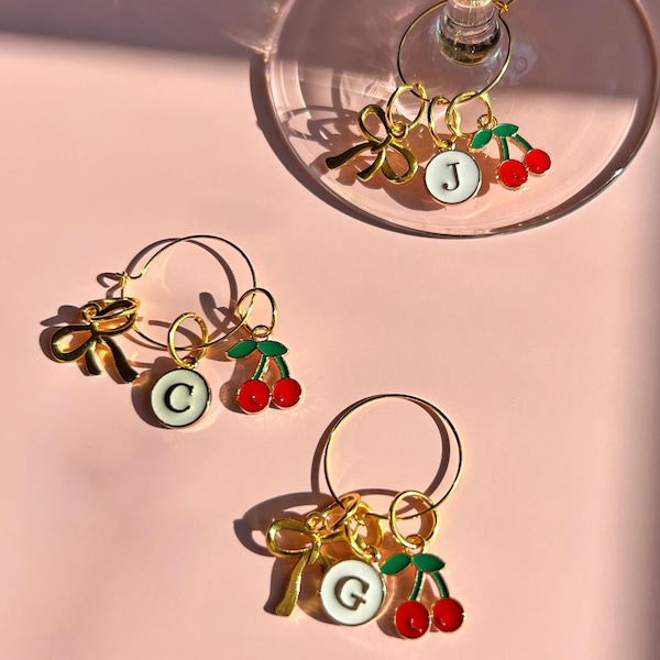 Personalized Cherry Wine Charms: Gold Initial Bachelorette Party Favors She's The Cherry On Top Cute Trendy Drink Markers for Girls Trip