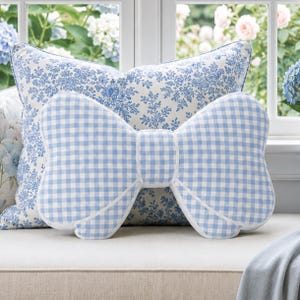 Preppy Gingham Bow Pillow Pink Blue Nursery Decor Baby Shower Gift Girl Bedroom Aesthetic Coquette Dorm Room Accent Cushion Checkered Throw