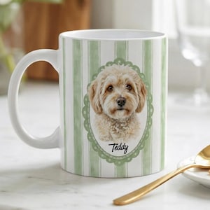 Ceramic Coffee Cup Custom Pet Illustration Personalized Animal Portrait Mug Unique Gift Idea Cat Owner Present Dog Lover Keepsake Vintage Style Design Decorative Frame Options Morning Ritual Essential Dishwasher Safe Microwave Friendly