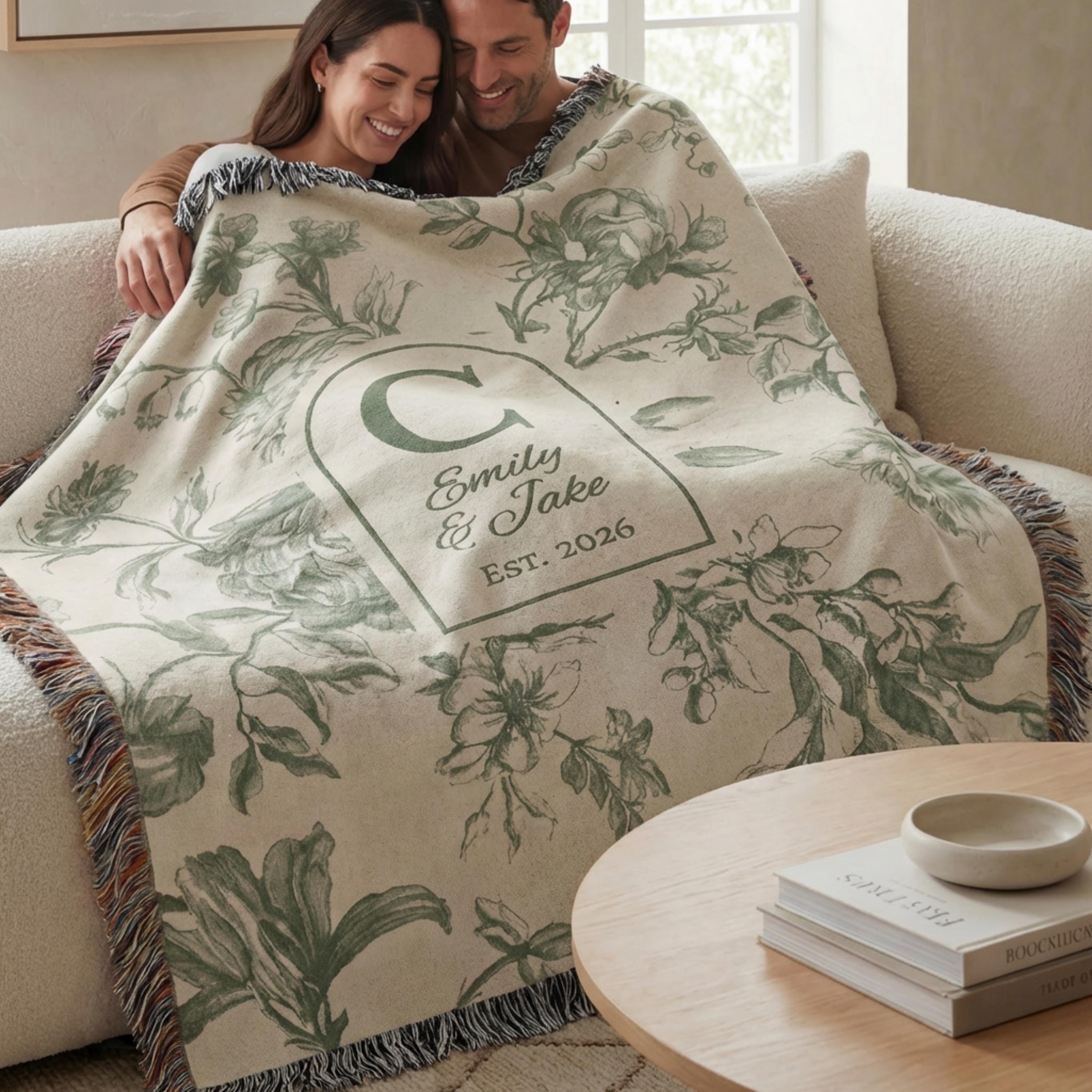 Personalized Cotton Throw Blanket Gift for Wedding Anniversary Present Family Keepsake Woven Vintage Monogram Custom Name Date Floral Toile