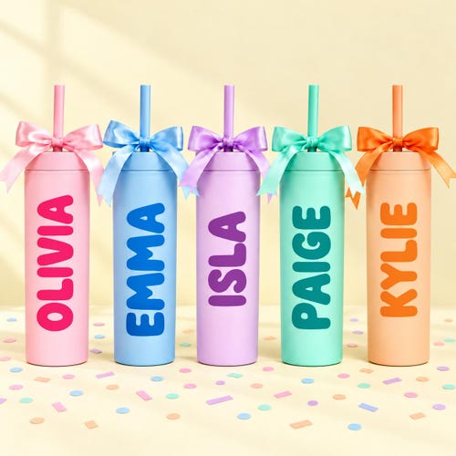 Personalized Party Favor Tumbler with Bow Girls Name Cup with Straw for Tween Birthday Sleepover & Spa Night Stocking Stuffer