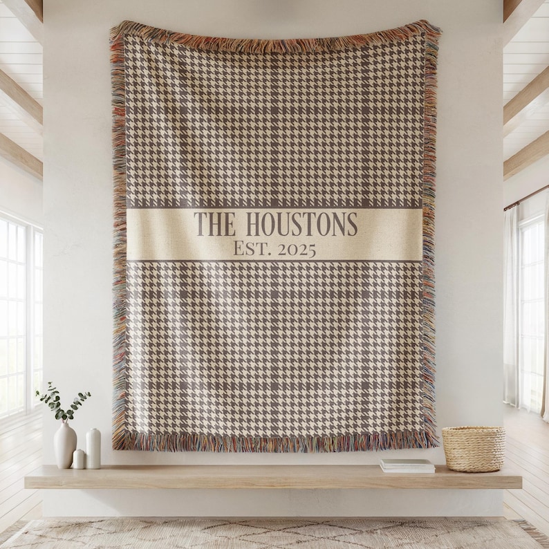 Couples Initials Cotton Blanket Houndstooth Plaid Neutral Custom Monogram Wedding Gift Engagement & Anniversary Throw Family Name Christmas