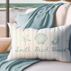 Personalized Coastal Lumbar Pillow: Seashell Nursery Decor, Beach House Accent