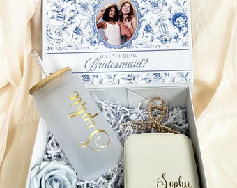 Custom Bridesmaid Proposal Box Tumbler Gift Set Blue Bridesmaid Box Wedding Party Gift Box for Bridesmaid Blue Toile Wedding Magnetic Box