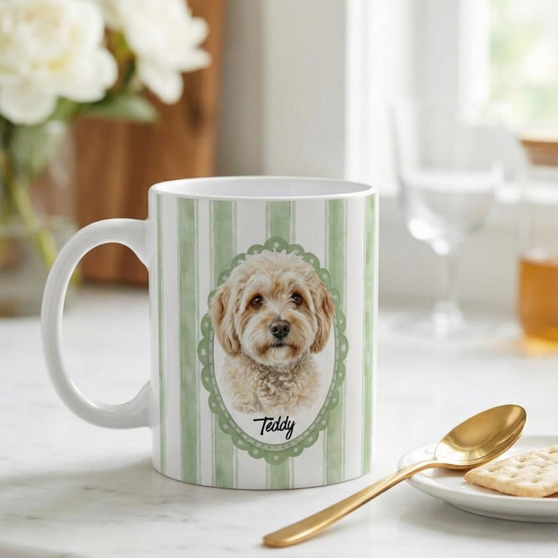 Ceramic Coffee Cup Custom Pet Illustration Personalized Animal Portrait Mug Unique Gift Idea Cat Owner Present Dog Lover Keepsake Vintage Style Design Decorative Frame Options Morning Ritual Essential Dishwasher Safe Microwave Friendly