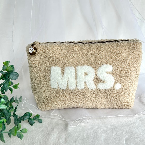 Sherpa Bridal Cosmetic Bag Engagement Gift for Future Bride Travel Essentials Bag Bridal Shower Gift  Personalized Small Mrs Travel Pouch