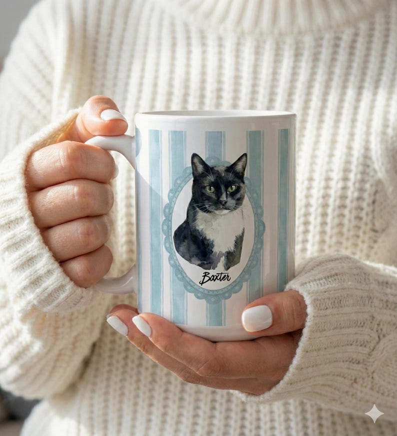 Custom Pet Portrait Mug Personalized Cat Face Design Coffee Cup Gift Pet Owner Present Ceramic Drinkware Vintage Style Frame Unique Animal Illustration Morning Coffee Essential Dishwasher Safe Microwave Friendly Pet Memorial Keepsake
