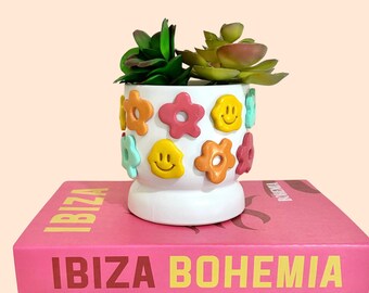 Retro flower colorful ceramic planter boho decor indoor planter for succulents cute planter gift for girly apartment decor dorm room decor