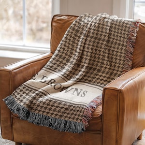 Husband Wife Present Personalized Anniversary Gift Cotton Throw Blanket Family Name Established Year Custom Woven Design Houndstooth Pattern Texture Decorative Fringe Detail Brown Beige Coloring Special Occasion Keepsake Meaningful Marriage