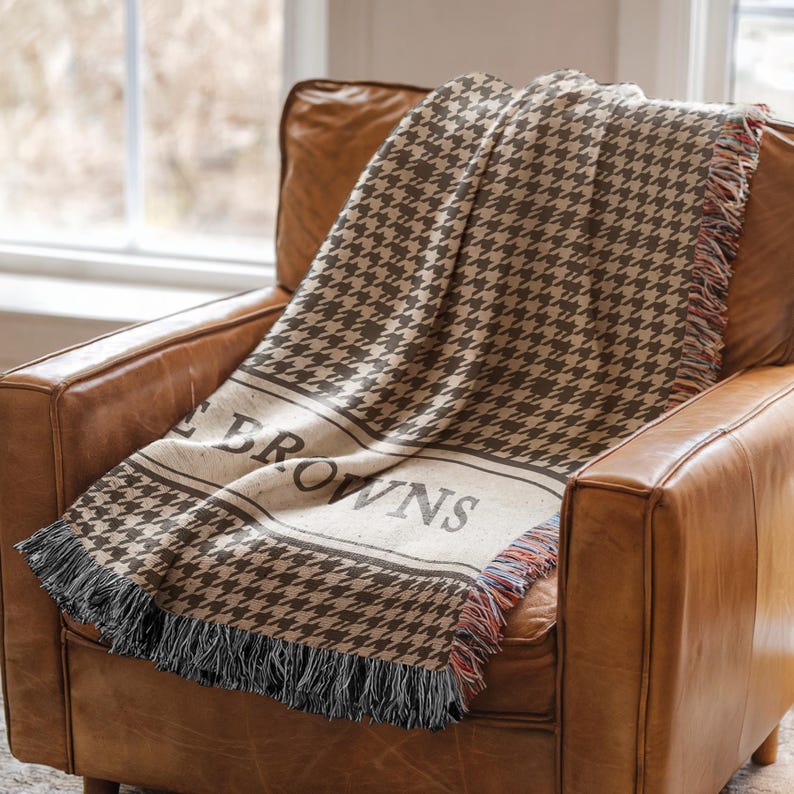 Husband Wife Present Personalized Anniversary Gift Cotton Throw Blanket Family Name Established Year Custom Woven Design Houndstooth Pattern Texture Decorative Fringe Detail Brown Beige Coloring Special Occasion Keepsake Meaningful Marriage