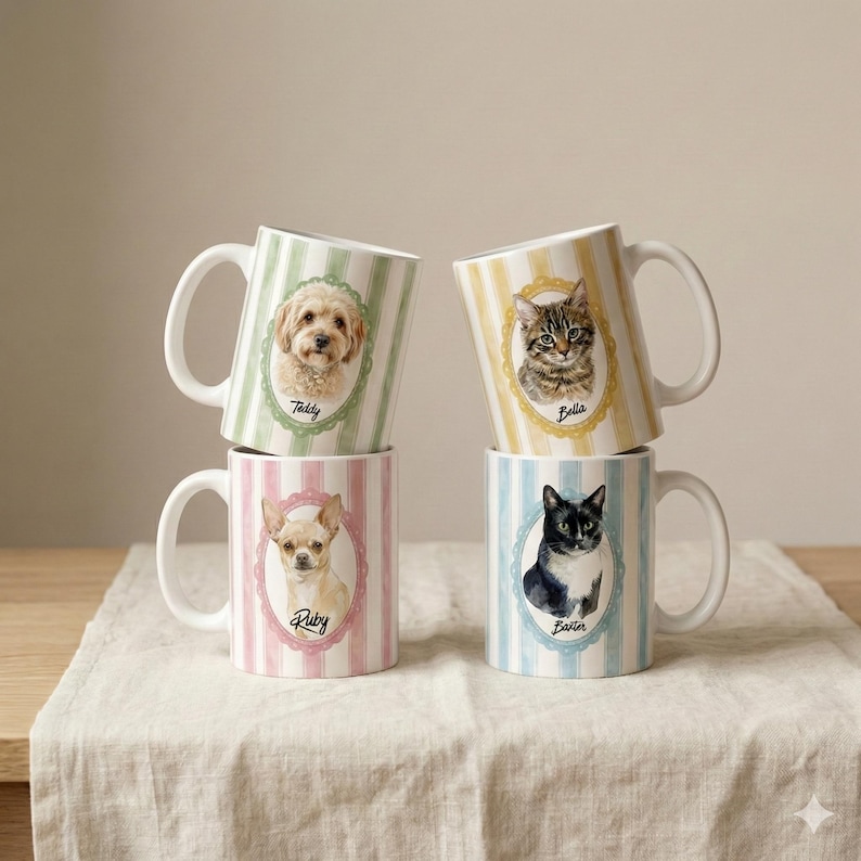 Personalized Pet Keepsake Ceramic Coffee Mug Custom Animal Portrait Cup Morning Ritual Essential Vintage Style Design Colorful Frame Options Cat Illustration Feature Dog Drawing Option Dishwasher Safe Cup Microwave Friendly Drinkware
