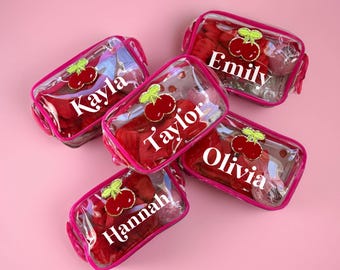 She&#39;s The Cherry On Top Bachelorette Party Favor Spa Essentials Girl&#39;s Weekend Trip Party Gift Custom Name Cosmetic Bag Slumber Party Pink