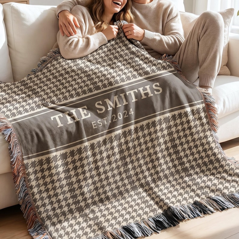 Personalized Anniversary Gift Cotton Throw Blanket Family Name Established Design Custom Woven Textile Commemorative Keepsake Special Date Memory Brown Beige Houndstooth Pattern Decorative Fringe