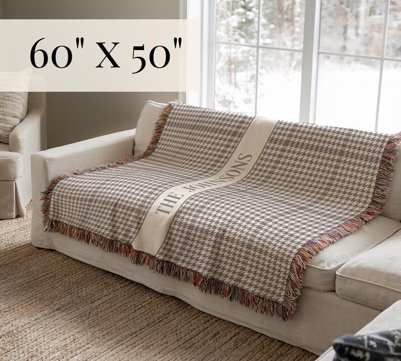 Couples Initials Cotton Blanket Houndstooth Plaid Neutral Custom Monogram Wedding Gift Engagement & Anniversary Throw Family Name Christmas