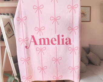 Personalized Fleece Blanket Custom Name Throw Bow Bedding Soft Cozy Wrap Sleepover Night Favor Baby Shower Gift Bedroom Accessory Girl Room