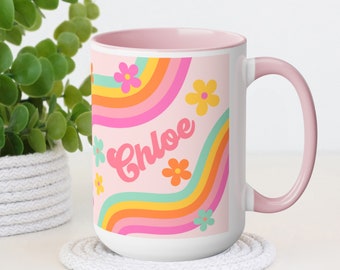 Custom Name Mug Gift for Teen Retro Flower Mug Gift For Her College Dorm Decor Graduation Gift Girly Apartment Decor Boho Flower Coffee Mug