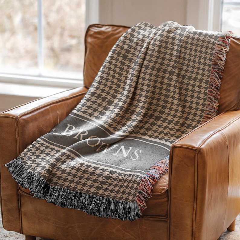 Woven Cotton Throw Personalized Family Blanket Houndstooth Pattern Design Brown Beige Textile Decorative Fringe Accent Custom Name Established Year Anniversary Gift Special Occasion Present Marriage Celebration Memento Husband Wife Keepsake