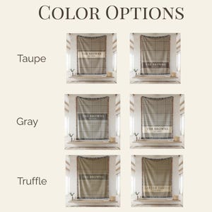 May include: A collection of six rectangular woven blankets displayed in a grid, categorized by color options labeled Taupe, Gray, and Truffle. Each blanket features a checkered pattern and a central horizontal band with the text The Browns Est. 2024.