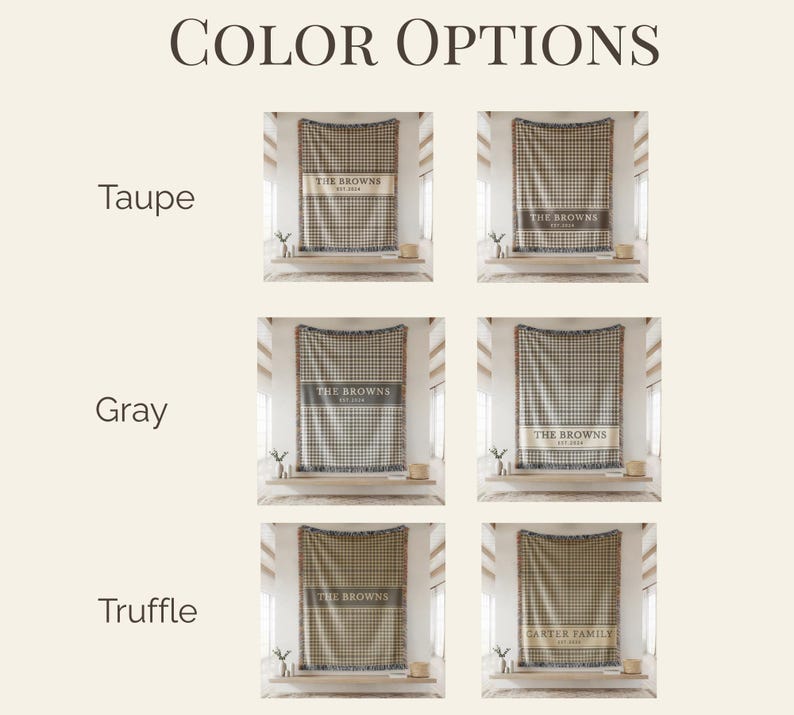 May include: A collection of six rectangular woven blankets displayed in a grid, categorized by color options labeled Taupe, Gray, and Truffle. Each blanket features a checkered pattern and a central horizontal band with the text The Browns Est. 2024.