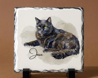 Custom Cat Portrait On Slate Gift for Cat Mom Memorial Keepsake Dog Watercolor Art with Stand Home Decor Pet Print Pet Loss Gift For Friend