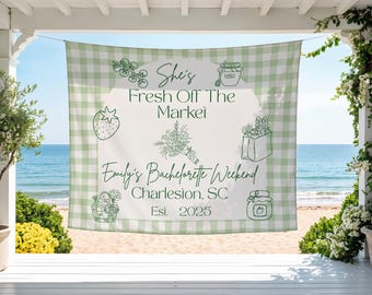 Fresh Off The Market Banner Bachelorette Banner Green Gingham Bridal  Shower Sign Personalized Farmer’s Market Theme Custom Name Date Sign