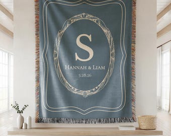 Couverture de mariage personnalisée Décoration de réception de mariage Douche nuptiale Idée cadeau Jeté rustique personnalisé Monogramme souvenir de mariage à franges en coton