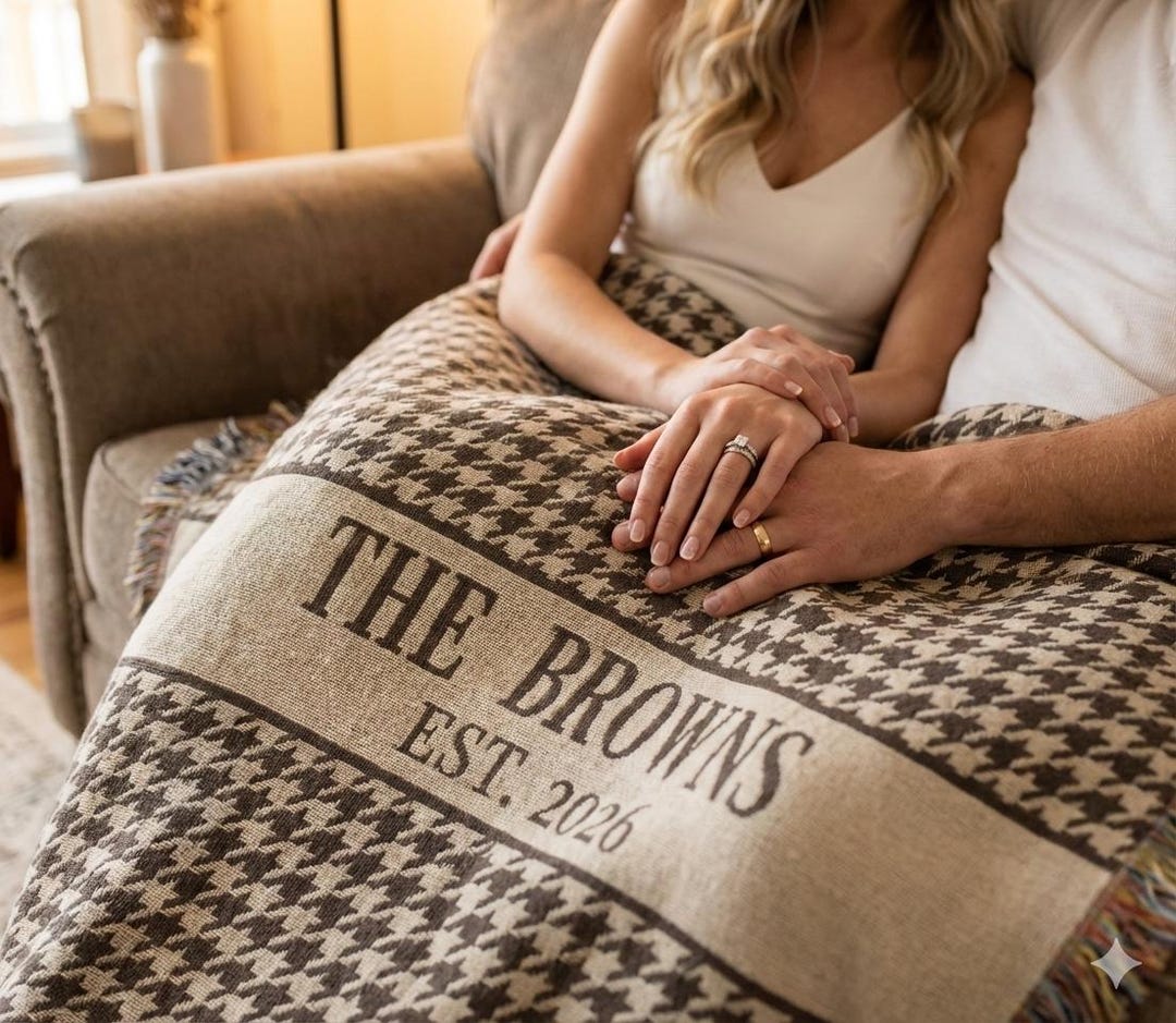 Personalized Throw Blanket Anniversary Gift Cotton Throw Woven Design Family Name Established Year Commemorative Keepsake Husband Wife - 60" x 50", Taupe Middle Band
