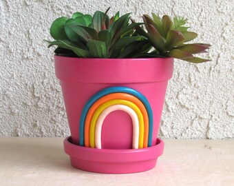 Pink Planter Pot Indoor planter with Drainage Colorful Planter Outdoor Balcony Pot Retro Rainbow Decor Cute Planter for Succulents