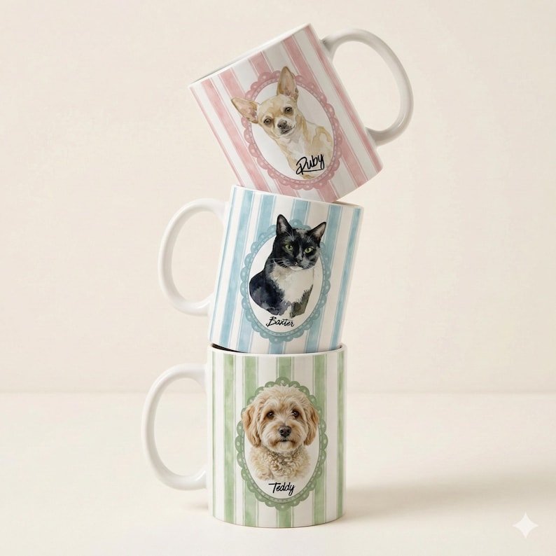 Ceramic Coffee Mug Custom Pet Design Personalized Animal Portrait Watercolor Style Illustration Unique Drinkware Gift Multiple Size Options Colorful Background Choices Dishwasher Safe Microwave Friendly Kitchen Essential Morning Ritual Cup