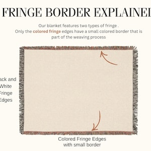 May include: A rectangular blanket with fringe edges, featuring text explaining fringe types. The top and bottom edges have colored fringe with a small border, while the left and right sides feature black and white fringe. The text reads FRINGE BORDER EXPLAINED.