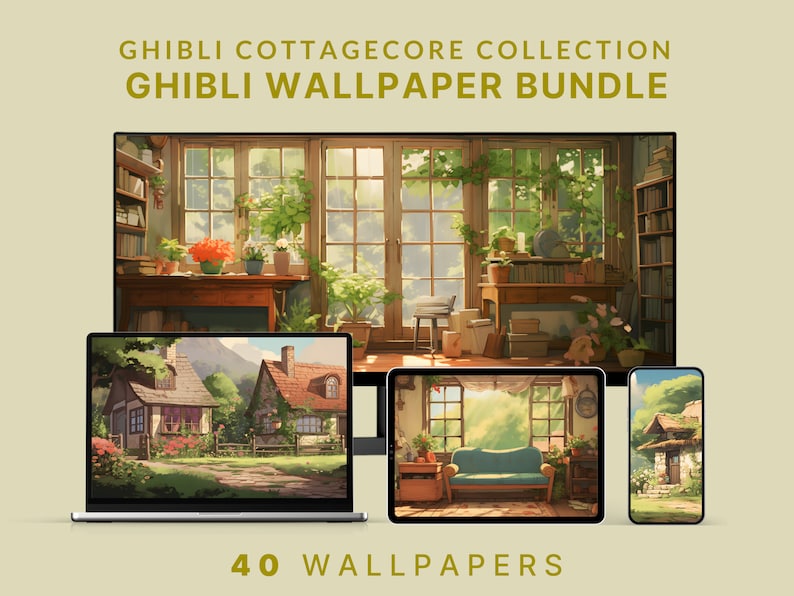 May include: A digital illustration of a collection of 40 Ghibli cottagecore wallpapers. The image shows a desktop computer, laptop, tablet, and phone displaying different wallpapers featuring scenes from Ghibli films. The text "Ghibli Cottagecore Collection Ghibli Wallpaper Bundle 40 Wallpapers" is displayed at the top of the image.