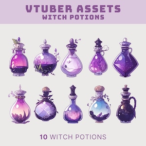 May include: Ten purple and black glass potion bottles with various designs and contents. The bottles have cork stoppers and are decorated with flowers, stars, and other details. The text "VTUBER ASSETS WITCH POTIONS" is at the top of the image, and the text "10 WITCH POTIONS" is at the bottom.