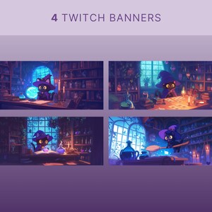 May include: Four digital illustrations of a black cat wearing a purple witch hat and holding a wand, a crystal ball, a book, and a broom in a dimly lit room with bookshelves, candles, and potion bottles.