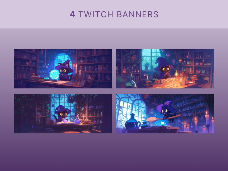 May include: Four digital illustrations of a black cat wearing a purple witch hat and holding a wand, a crystal ball, a book, and a broom in a dimly lit room with bookshelves, candles, and potion bottles.