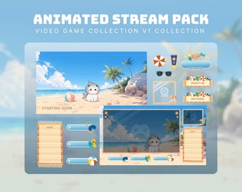 cute beach cat stream pack animated cat twitch overlay vtuber summer stream screens cute summer overlay for streamers cozy cat stinger